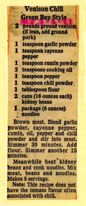 Recipe for Venison Chili Green Bay Style, Milwaukee Journal, 1977.