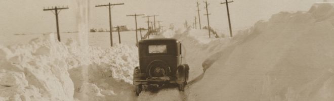 Postcard showing winter road conditions in Dodgeville, 1929.