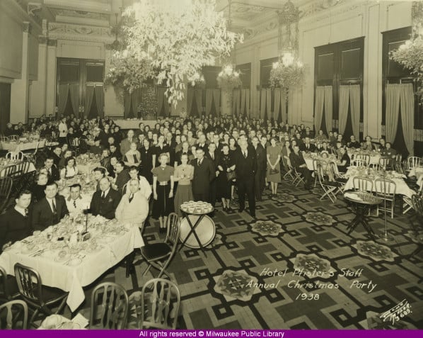 Hotel Pfister’s annual staff Christmas party, Milwaukee, 1938.