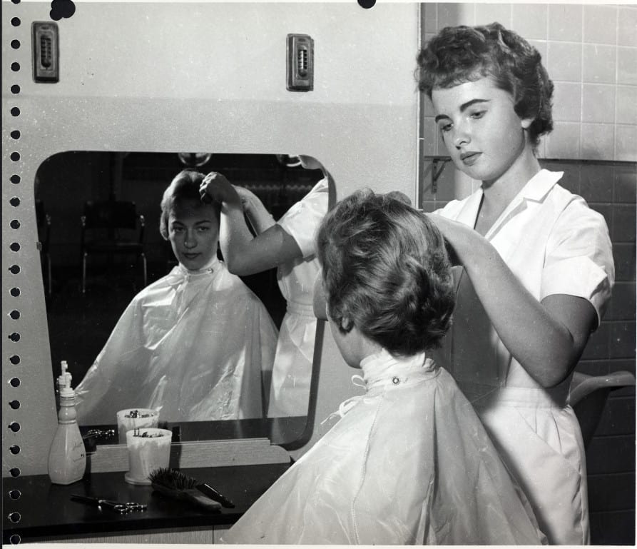 Cosmetology student works on a client at Milwaukee Area Technical College, 1960-1965.