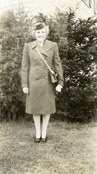 Pat Hitchcock in her winter Red Cross uniform, 1945.