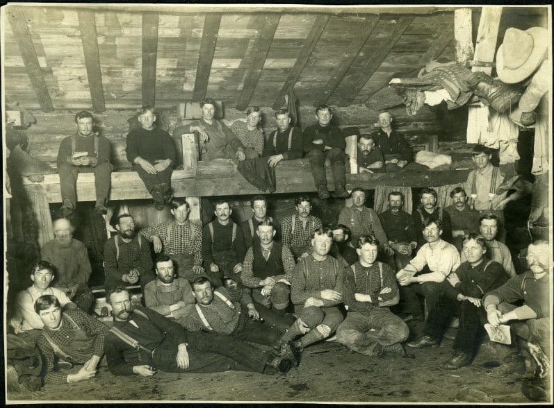 Logging crew in the bunkhouse, 1900-1920. Langlade County Historical Society.
