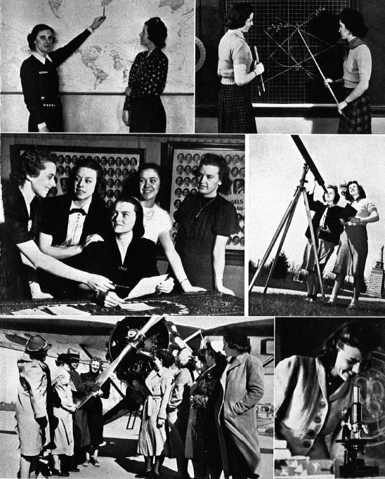 A photo collage from the 1939 college yearbook shows students in history, math, and science classes. 