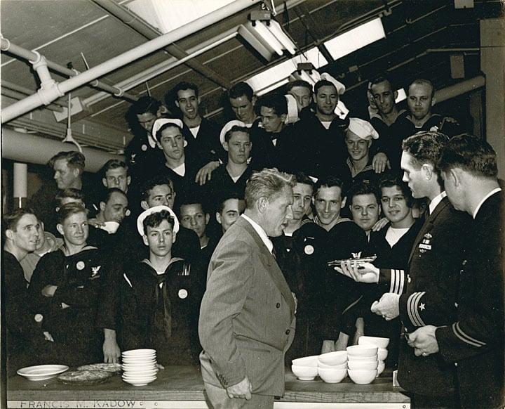 Spencer Tracy with commander and crew of the submarine Icefish, 1944. 