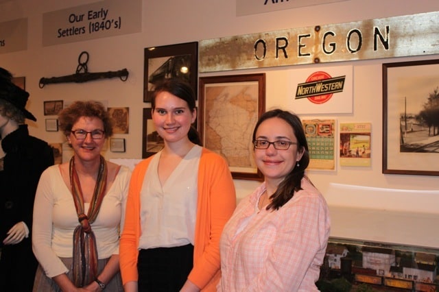 Visiting the Oregon Area Historical Society: Material Culture Program director and Art History faculty member Ann Smart Martin, Summer Service Learner Laura Sevelis, and Recollection Wisconsin Program Manager Emily Pfotenhauer. 