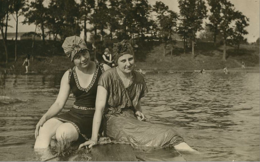 Evelyn Welsh and Mahala Ray swimming at Half Moon Lake, Eau Claire, 1916. Chippewa Valley Museum.