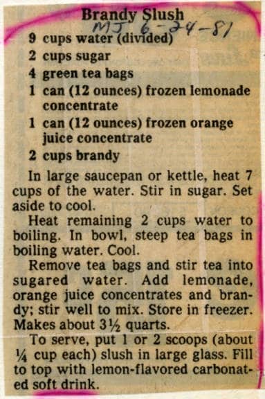Recipe for brandy slush, Milwaukee Journal, 1981.