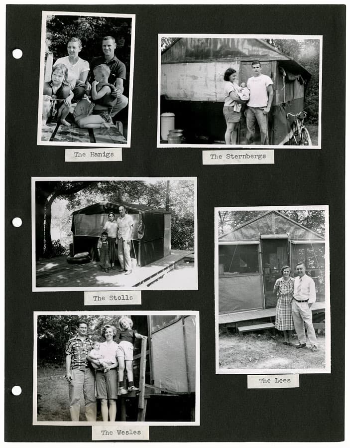 This page from the Camp Gallistella photograph album features portraits of families at their tents. UW-Madison Archives.