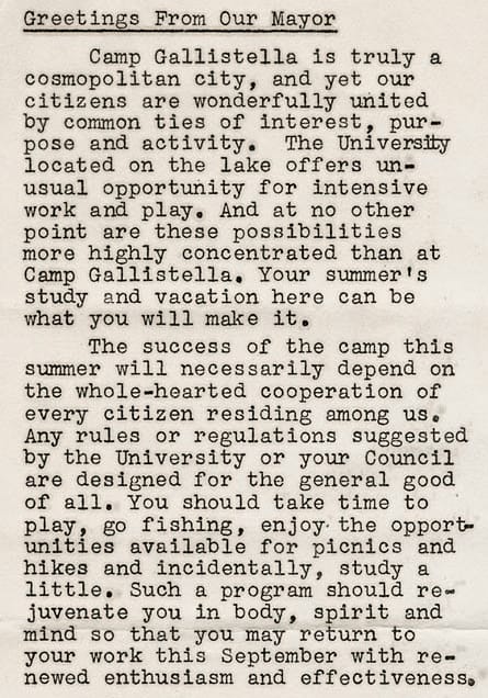 A letter from camp mayor Ralph E. Dunbar in the 1932 edition of the tent colony newsletter, Gallistella Breezes. UW-Madison Archives.