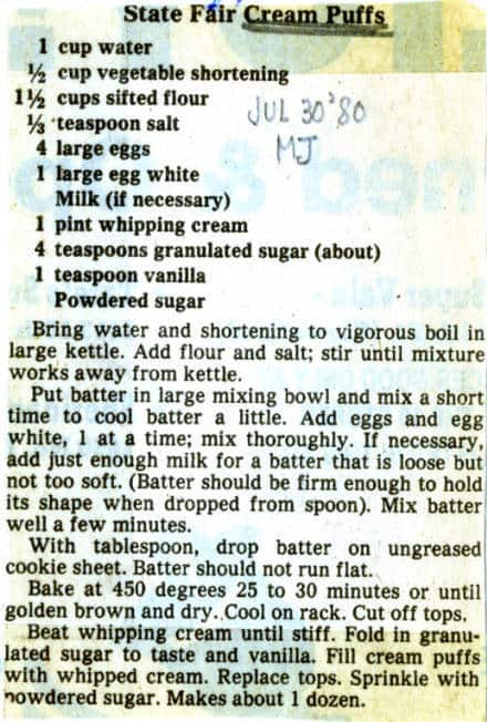 Recipe for State Fair Cream Puffs, Milwaukee Journal, 1980.