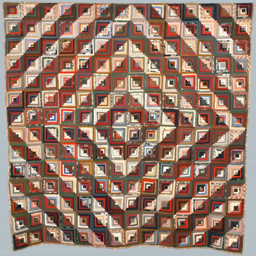 Log cabin quilt in “barn raising” pattern, Lydia Warner Atherton, Bridgeport, Crawford County, Wisconsin, ca. 1860-1900. Rock County Historical Society.