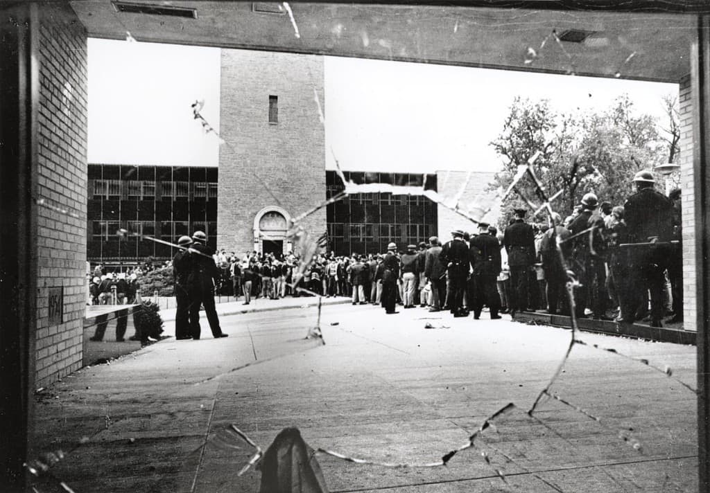 On October 18, 1967, hundreds of students gathered on the UW-Madison campus to protest recruiters from Dow Chemical, makers of napalm used in the Vietnam War. The protest turned violent when Madison police attempted to remove the protesters by force. Dozens of students were beaten bloody, tear gas was used for the first time in an anti-war demonstration, and 19 police officers were treated at local hospitals. UW-Madison Archives by way of University of Wisconsin Digital Collections.