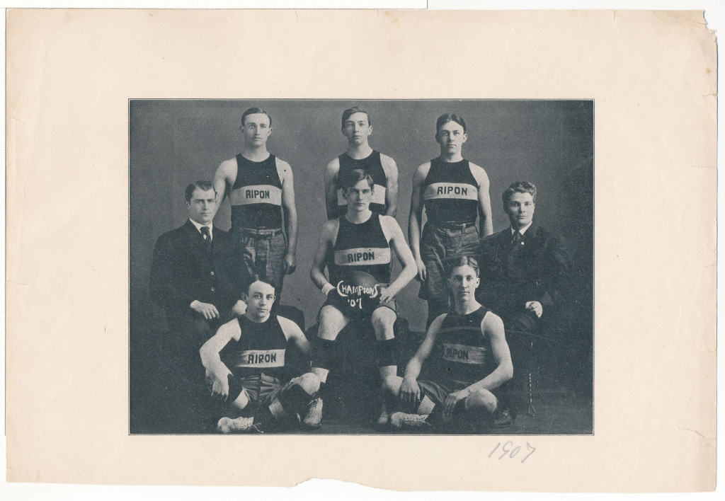 The earliest image in the digital collection: the Ripon College men's basketball team, with two coaches, in 1907. Ripon College Archives.