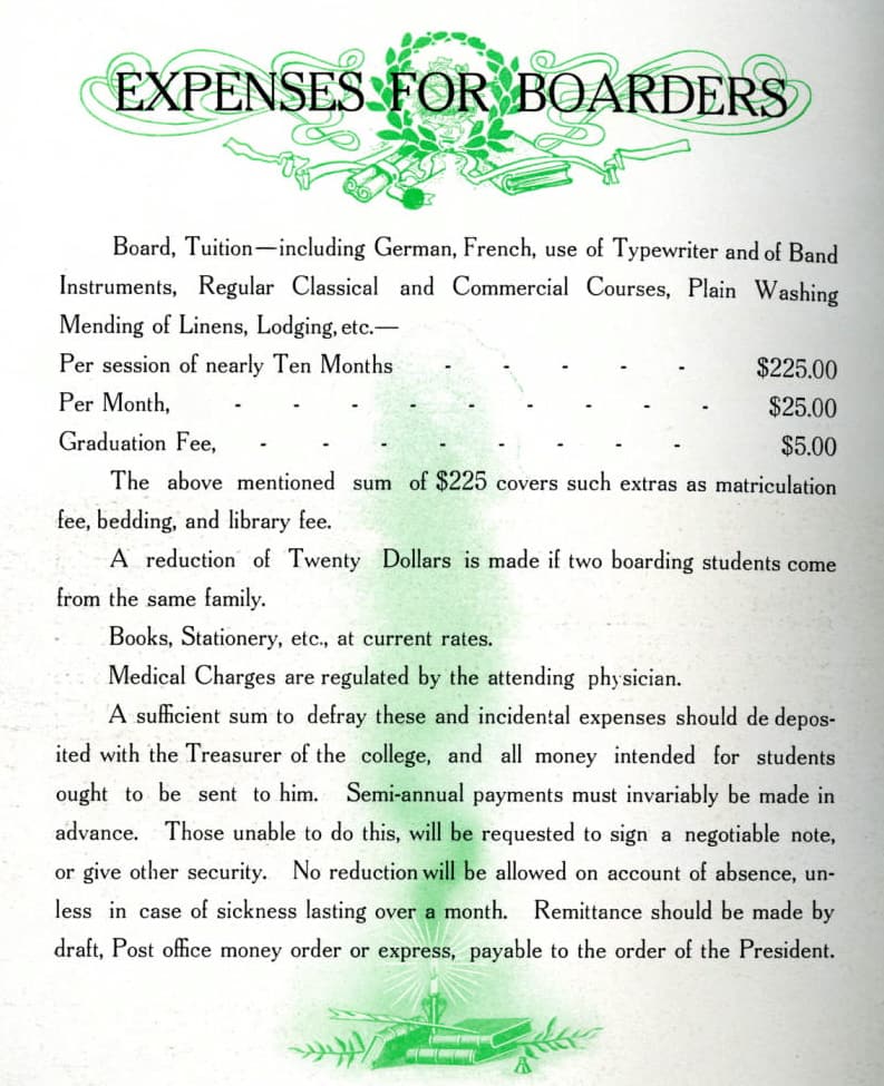 Tuition and boarding costs for students who lived on campus were $225 in 1910, and families who sent more than one son to the school received a $20 discount. Mulva Library, St. Norbert College.