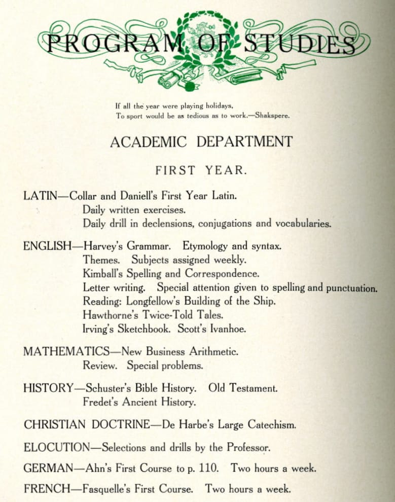 The 1907-1908 course catalog shows a demanding freshmen curriculum, with intensive work in Latin, English and math as well as catechism and public speaking. Mulva Library, St. Norbert College.