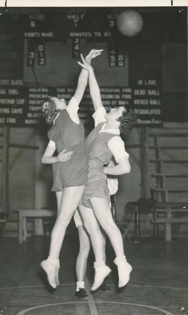 A tipoff between two women's intramural players, ca. 1935. Ripon College Archives.