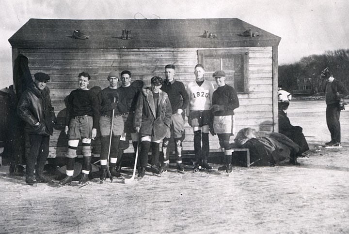 Hockey players at the 1916 Ice Carnival, Madison. UW-Madison Archives.