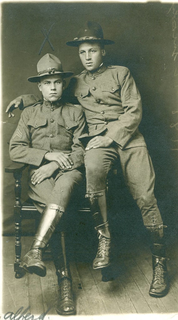 Portrait of World War I soldier Alfred Dave (left) and unidentified friend, Green Bay, 1917-1918. Brown County War History Committee collection, Neville Public Museum of Brown County.