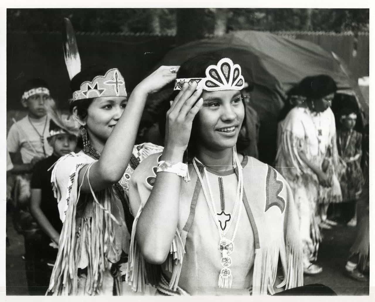 Karen Washinawatok being crowned Miss Menominee, Keshena. The Phillip and Faith Sealy Collection on the Menominee Arts, College of Menominee Nation S. Verna Fowler Academic Library/Menominee Public Library.