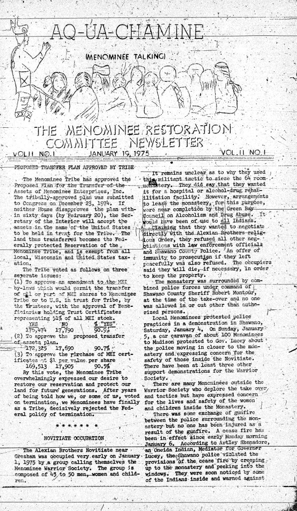 Aq-ua-chamine (Menominee Talking), Menominee Restoration Committee Newsletter, January 19, 1975. College of Menominee Nation S. Verna Fowler Academic Library/Menominee Public Library.