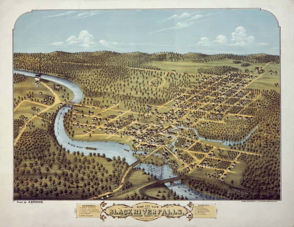 Bird's eye view of Black River Falls, Jackson County, Wisconsin, 1872. Wisconsin Historical Society.