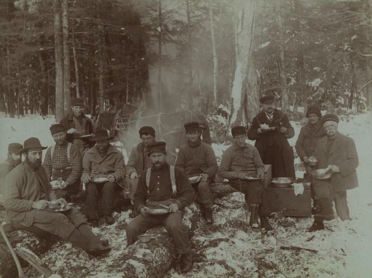 Loggers eating lunch in the woods ca. 1890. Chippewa Valley Museum.