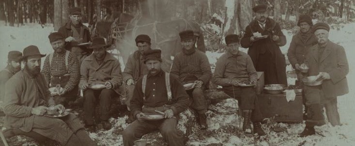Loggers eating lunch in the woods ca. 1890. Chippewa Valley Museum.