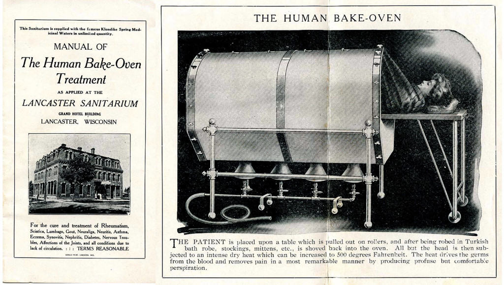 A brochure for the "Human Bake-Oven Treatment" at the Lancaster Sanitarium, operated by Dr. William J. Schade, a chiropractor and physical culturist.