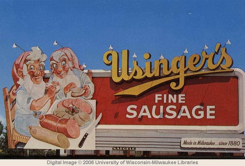 Usinger's elves on a Milwaukee billboard. Greetings from Milwaukee: Selections from the Thomas and Jean Ross Bliffert Postcard Collection, University of Wisconsin-Milwaukee Libraries.