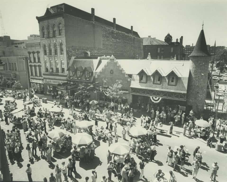 View of the block party held on North Third Street in downtown Milwaukee as Usinger's celebrated its centennial in 1980. Milwaukee Public Library.