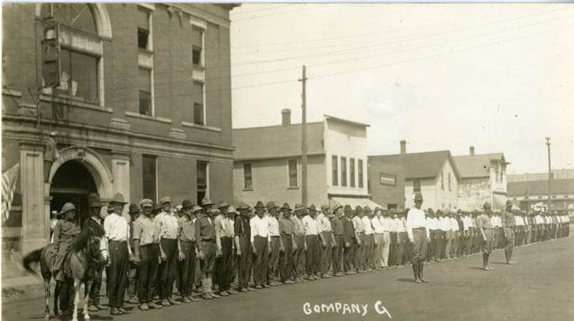 Company G (later known as the 107th Trench Mortar Battery Company) assembled for training in Antigo, 1917. Langlade County Historical Society. 