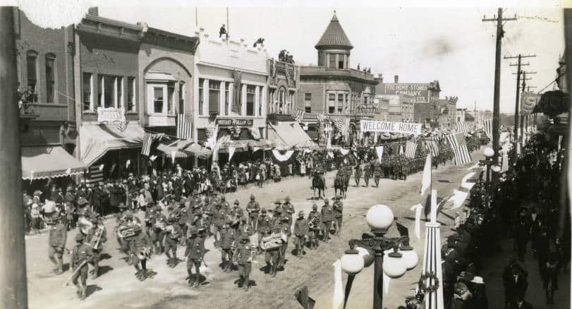 Antigo welcomed the 107th TMB back home with a parade down Fifth Avenue on May 17, 1919. Langlade County Historical Society.