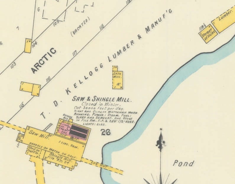 A closer look at the T. D. Kellogg Lumber and Manufacturing Company on the 1904 map of Antigo shows the locations of mills and saws and mentions a watchman on site during nights and weekends. Wisconsin Historical Society.