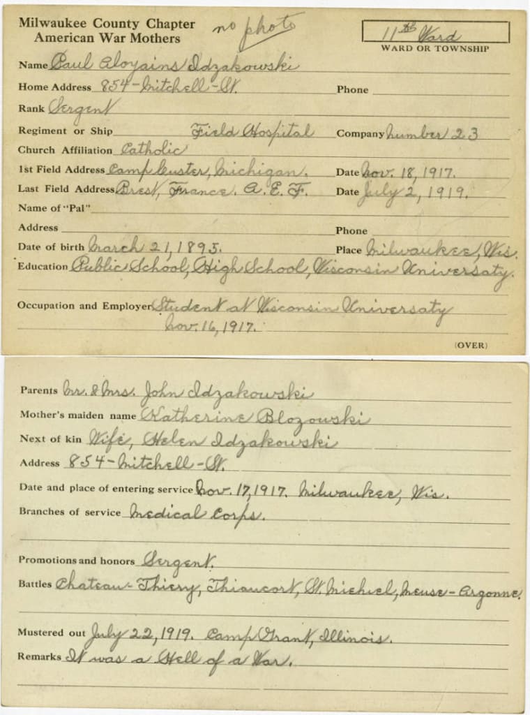 Sergeant Paul Aloyains Idzakowski's information card includes the remark "It was a hell of a war." Milwaukee Public Library.