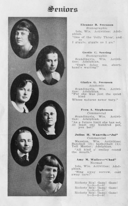 A page of senior portraits from the Scandinavia Academy yearbook, 1919-1920. Scandinavia Public Library.
