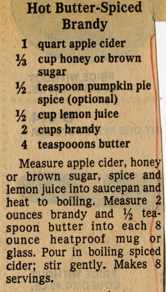 Recipe for Hot Butter-Spiced Brandy published in a Milwaukee newspaper, 1977. Milwaukee Public Library.
