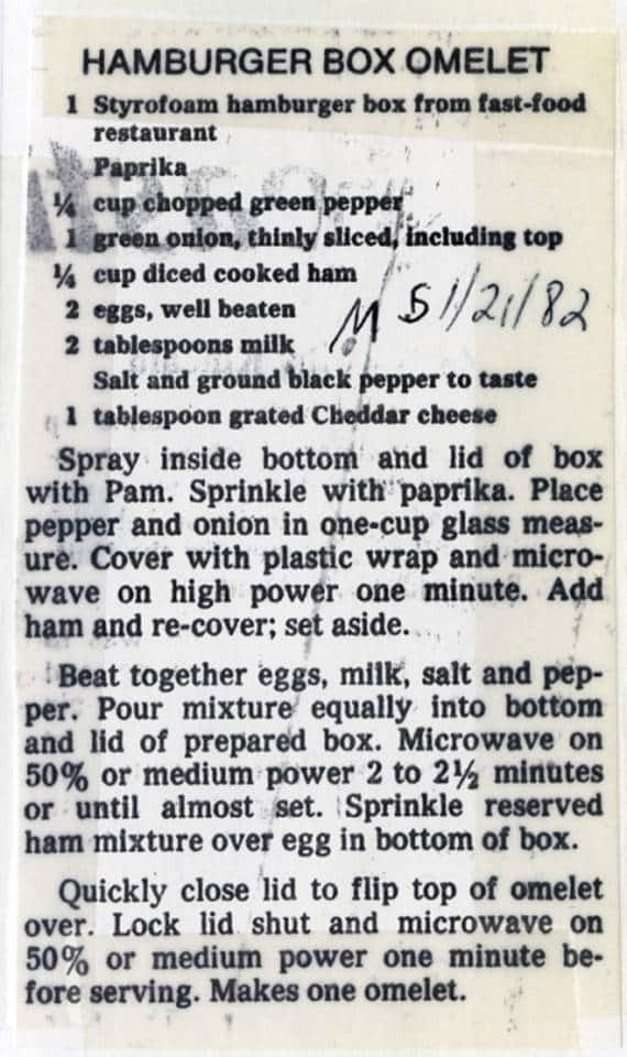 Hamburger box omelet recipe published in the Milwaukee Sentinel, 1982. Milwaukee Public Library.