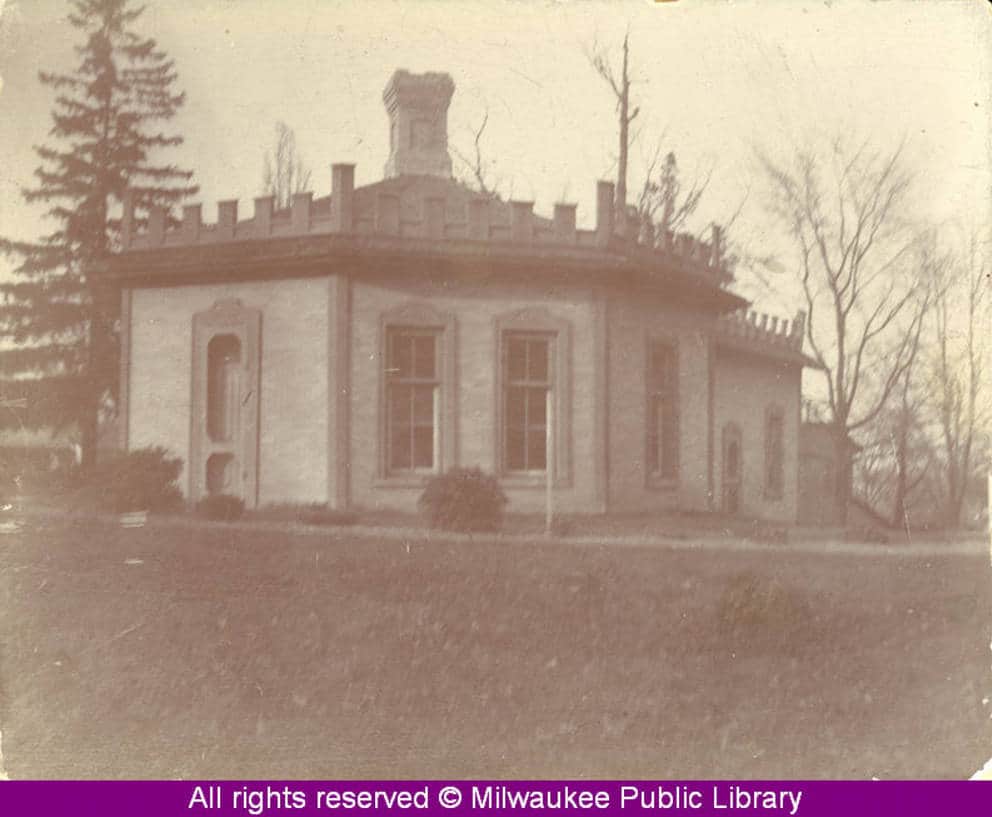 Gordon Cottage on Humboldt Avenue in Milwaukee, shown in 1898. Built before the Civil War by candy maker George Gordon, this home was razed by the City of Milwaukee Park Commission in 1940. Milwaukee Public Library.