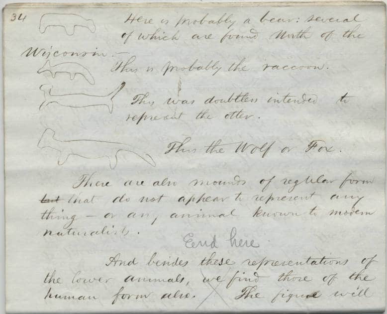 A page of handwritten notes and sketches from a lecture by Increase Lapham in 1851. Wisconsin Archaeological Society Records, Wisconsin Historical Society.