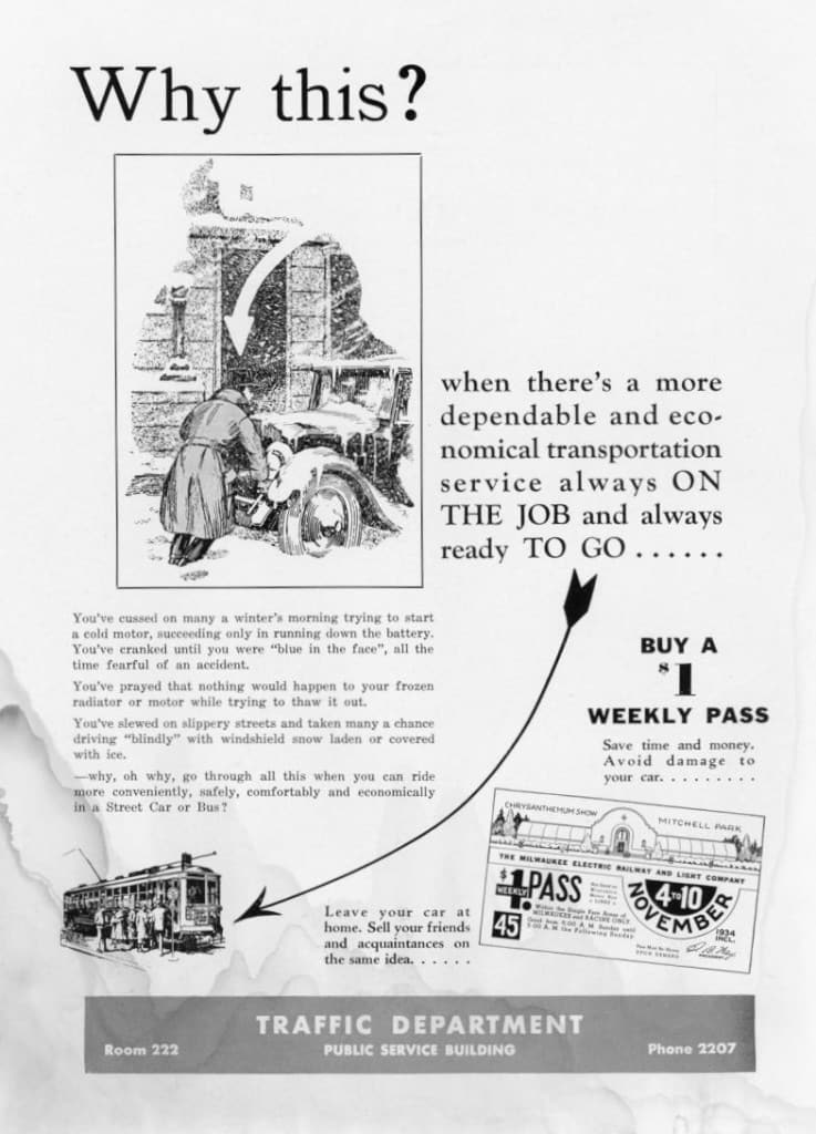 Advertisement for weekly street car and bus passes from the January 1935 issue of Rail and Wire. Milwaukee Transit Archives and Museum.