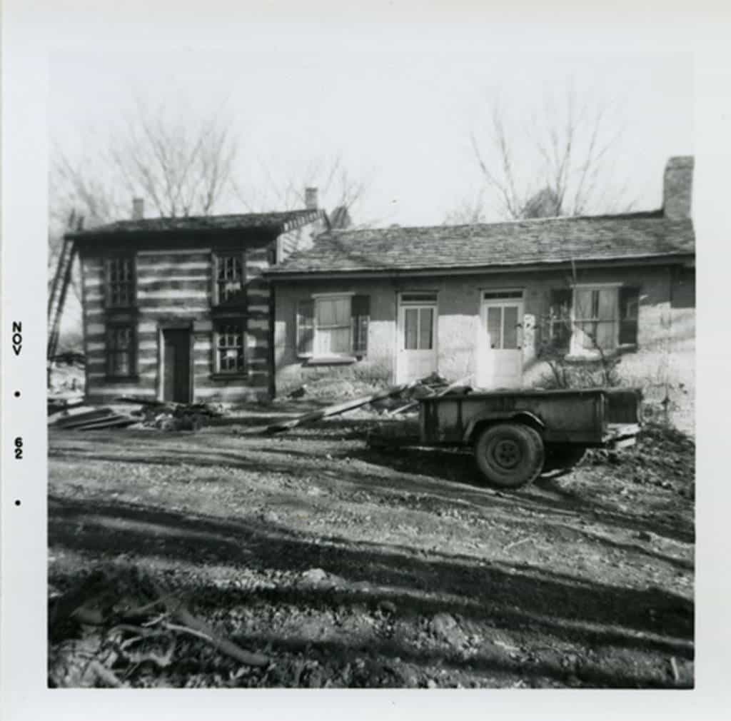 Rowhouse buildings during restoration by Bob Neal and Edgar Hellum, 1962. Now part of Pendarvis state historic site. Mineral Point Library Archives.