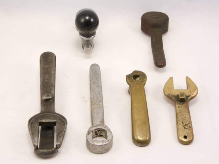 Controller, brake and reverser handles from various types of trolley cars. East Troy Electric Railroad.