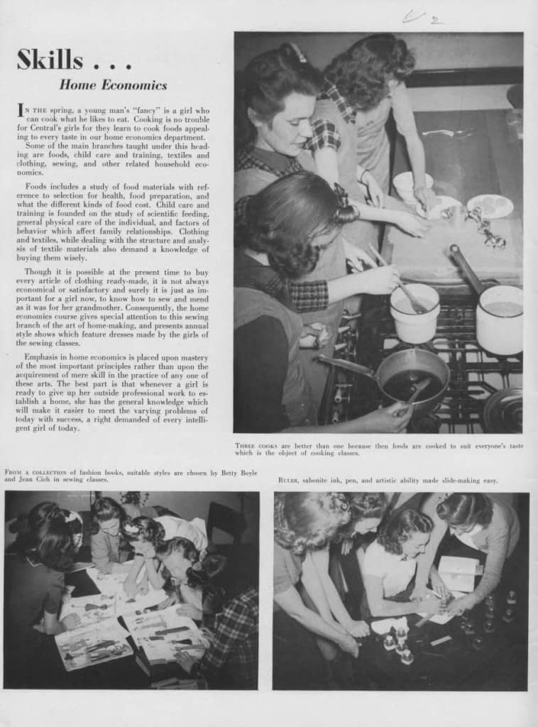 Girls in cooking and sewing classes, 1940. Dane County Historical Society.