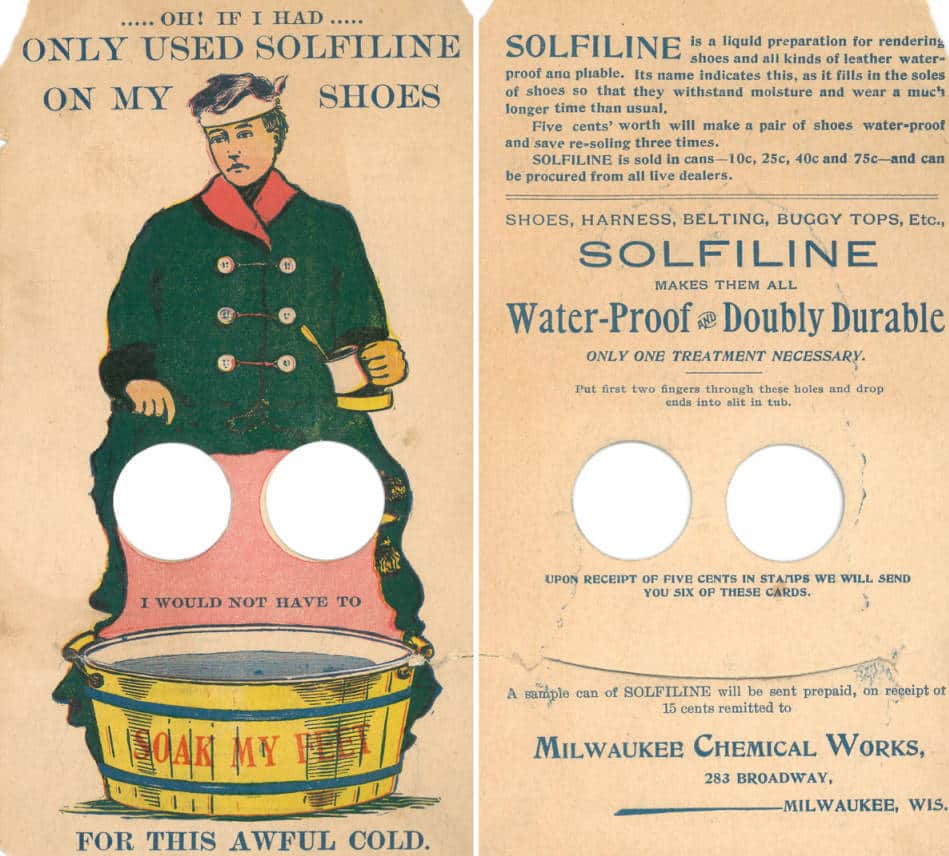 This interactive trade card from Milwaukee Chemical Works advertises Solfiline, a waterproofing product. Front and back views of the card are show side-by-side. Milwaukee Public Library.