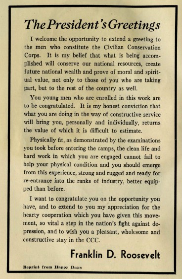 A welcome message from President Roosevelt, reprinted from "Happy Days," the national CCC newsletter, kicks off the pamphlet "Your CCC: A Handbook for Enrollees," by Ray Hoyt. Langlade County Historical Society.