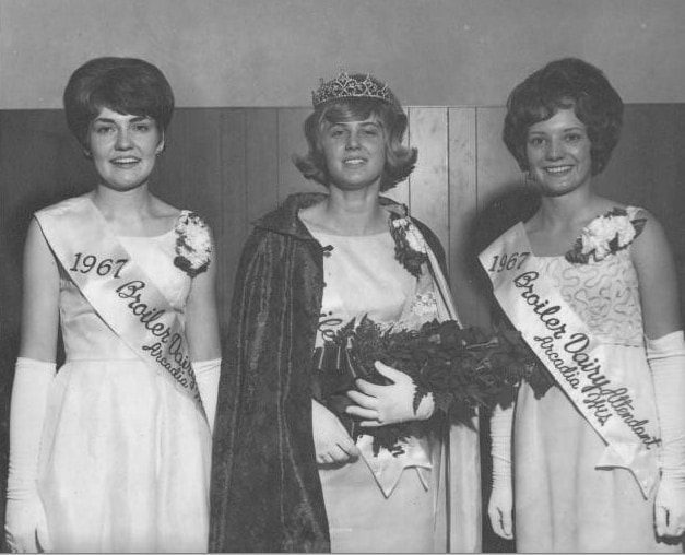 Claire Halvorson, Marlys Kolstad and Mary Sonsalla, Miss Arcadia pageant, 1967. Arcadia Public Library.