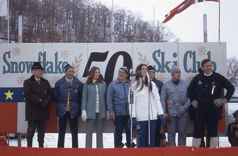 Opening ceremony for the 50th anniversary of the Snowflake Ski Club ski jump, Westby, 1973. Bekkum Memorial Library. Loaned by Lincoln Knutson estate.