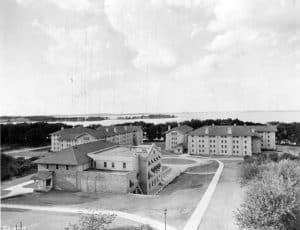 The Van Hise dormitories in 1929. Carson and Bea Gullley’s apartment was in the basement of Tripp Hall, on the right. UW-Madison Archives/University of Wisconsin Digital Collections.