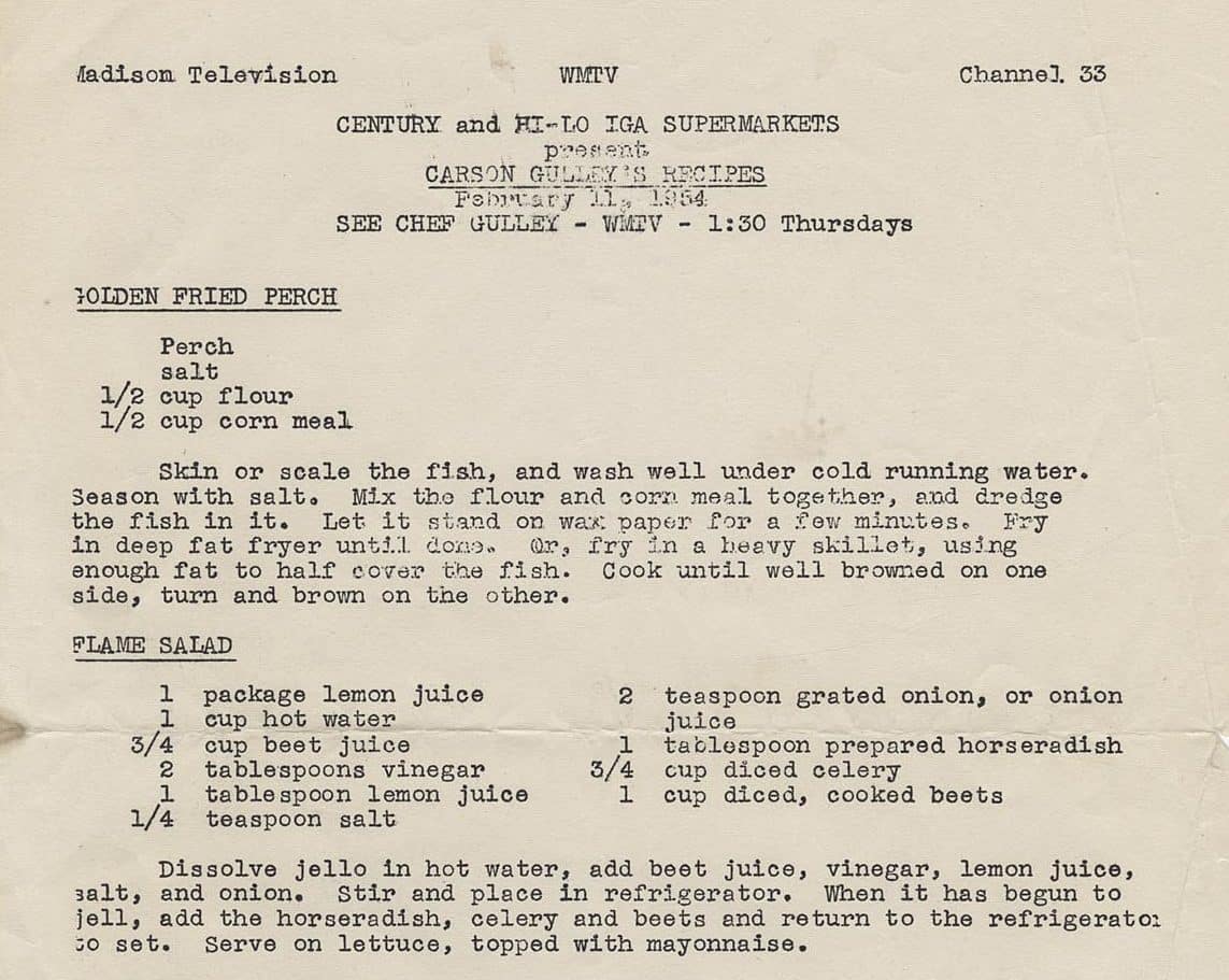 Recipes from "What's Cookin'" on WMTV, February 1954. UW-Madison Archives/University of Wisconsin Digital Collections.