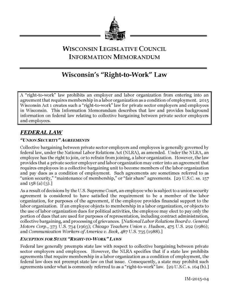 Wisconsin’s “right-to-work” law (Mar. 19, 2015).